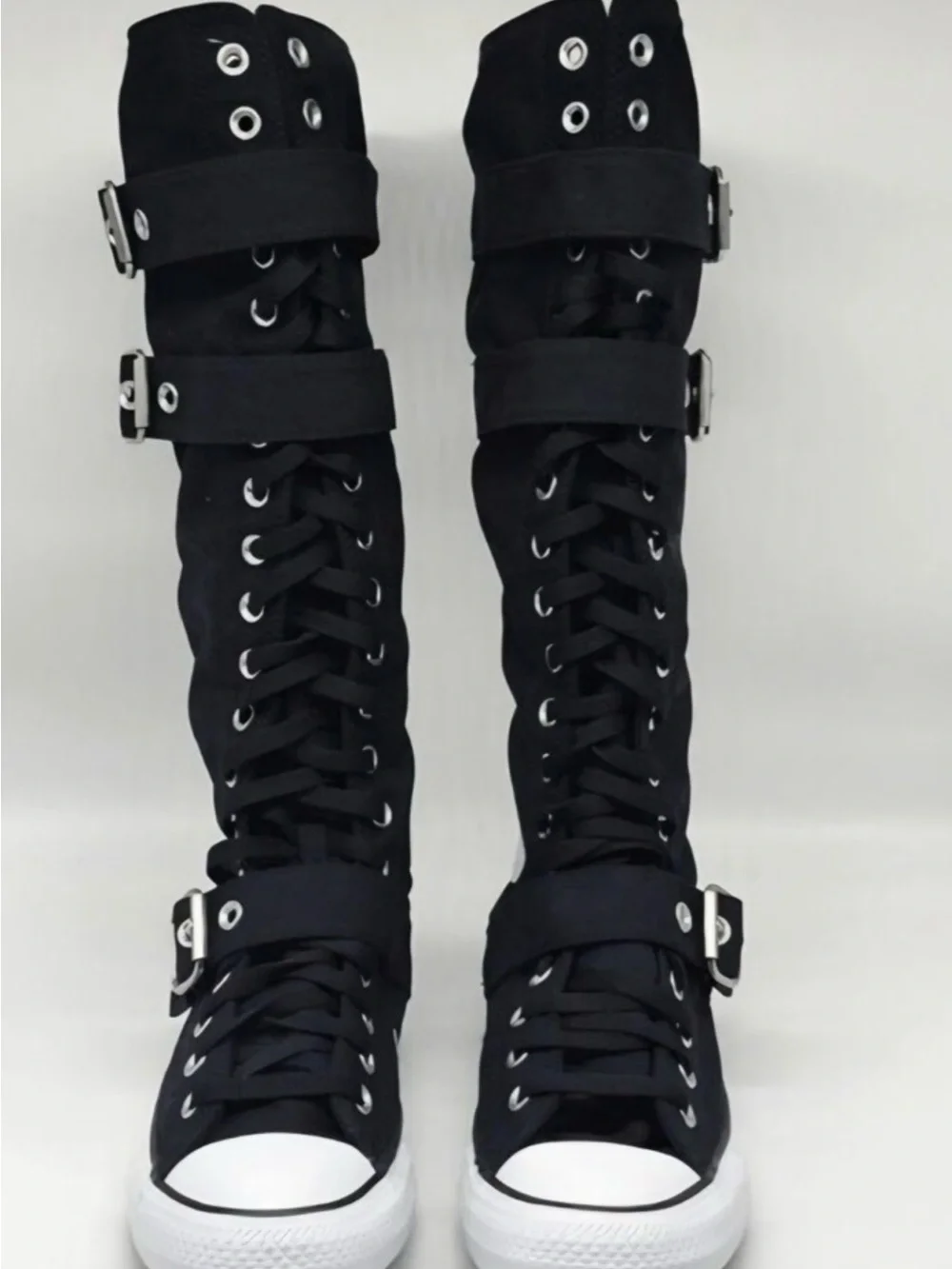 Converse Black Over-the-Knee Lace-Up Canvas Boots with Buckle Straps